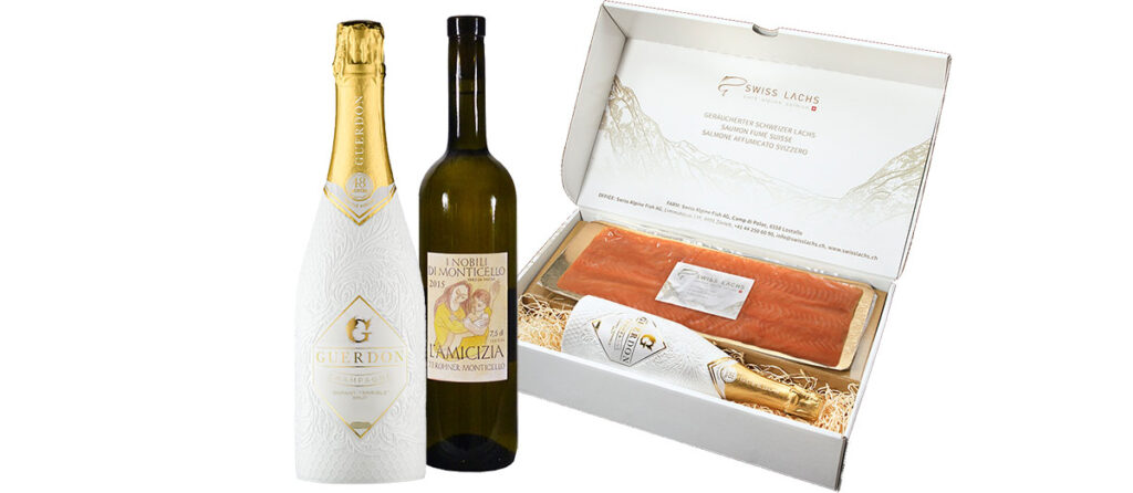 Himmlische Weihnachtsgeschenke mit SWISS LACHS in edlen Geschenksboxen 5 Rauchlachs Champagner oder Weisswein - SWISS LACHS Alpiner Lachs