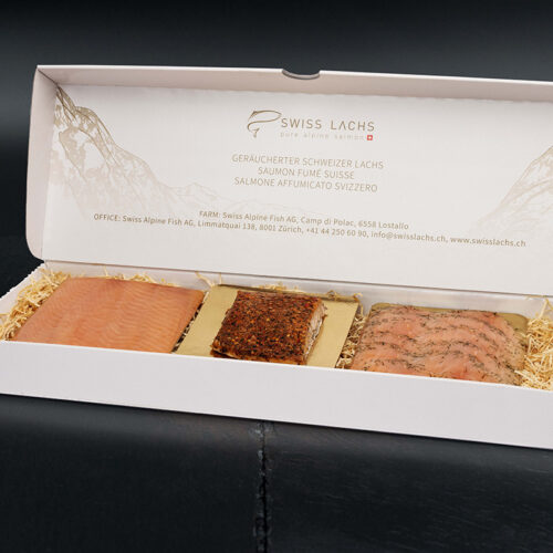 geschenkbox mit 3 auserlesenen rauch und graved lachs portionen art 4198 - SWISS LACHS Alpiner Lachs